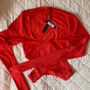 Skims Jelly Sheer Long Sleeve Thong Bodysuit In Poppy